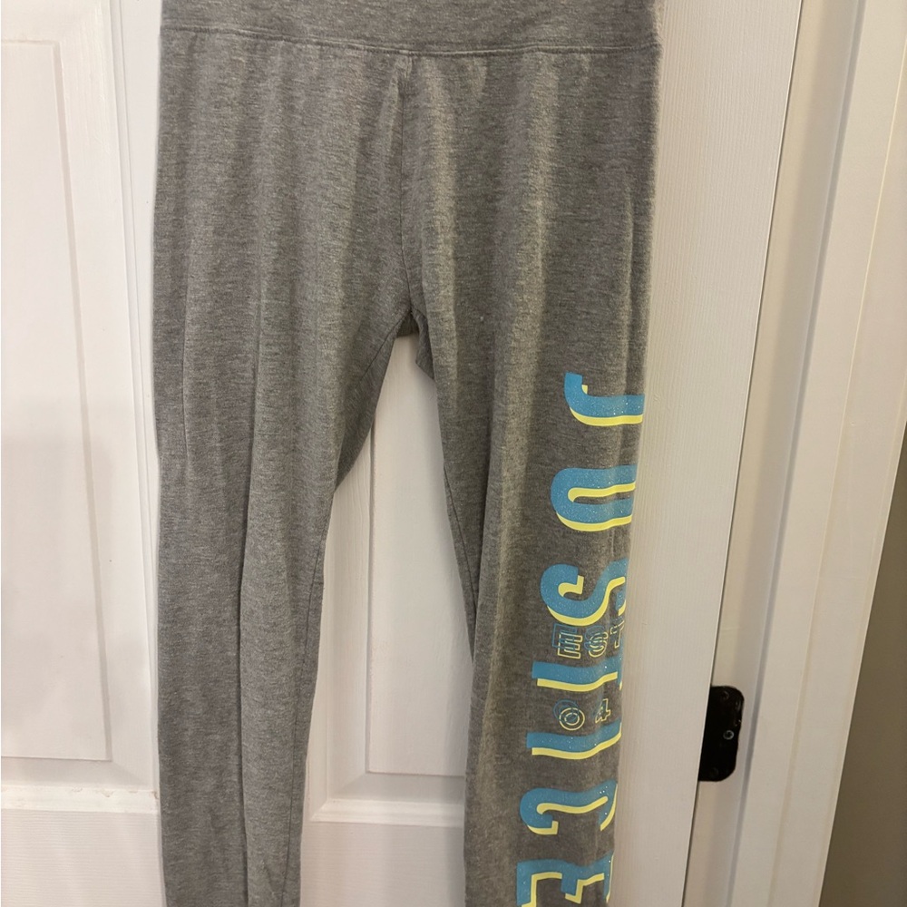 Justice Gray Leggings with Blue and Yellow Side Logo